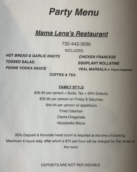 Mama Lena's Party Menu